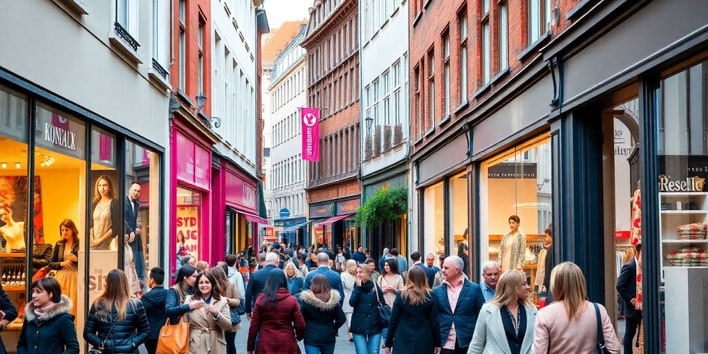Einkaufsstraße mit Boutiquen und Menschen in Köln.