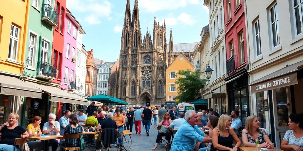 Lebendige Straßenansicht mit fröhlichen Menschen in Köln.