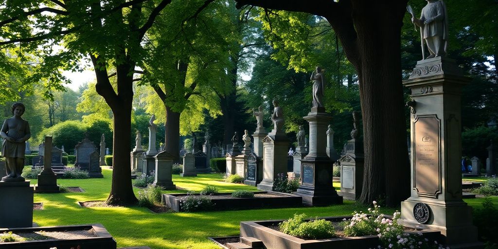 Melatenfriedhof mit Grabsteinen und grünen Bäumen.