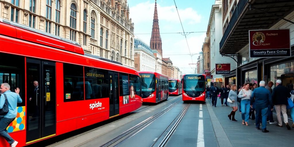 Voller Stadtverkehr mit Straßenbahnen in Köln.
