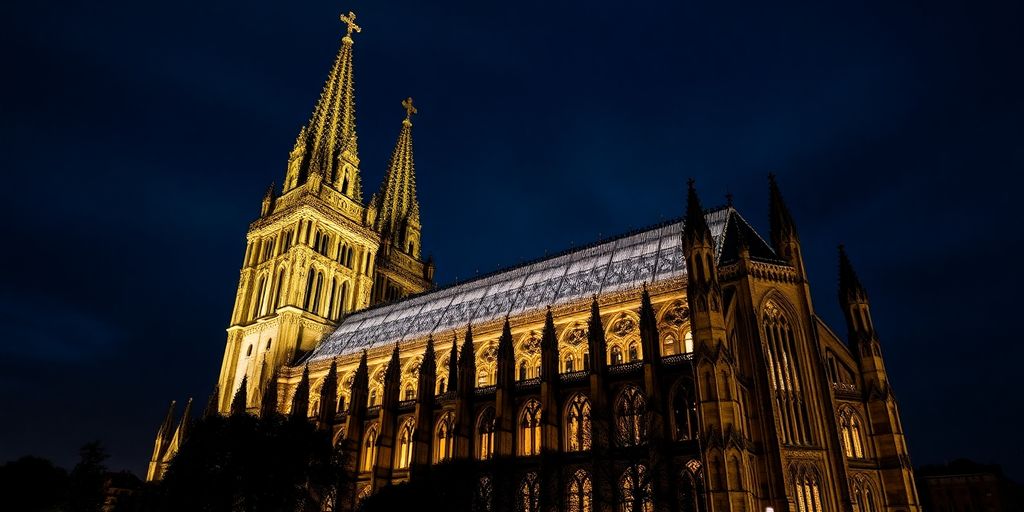 Kölner Dom nachts, beleuchtet unter dem Sternenhimmel.