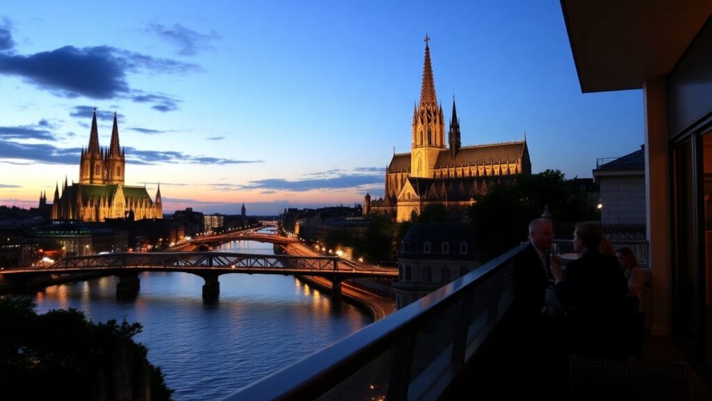Kölner Rooftop-Bar mit Dom- und Rheinblick bei Nacht