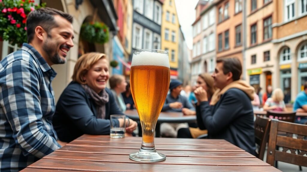 Kölner Menschen lachen und trinken Kölsch im Freien.